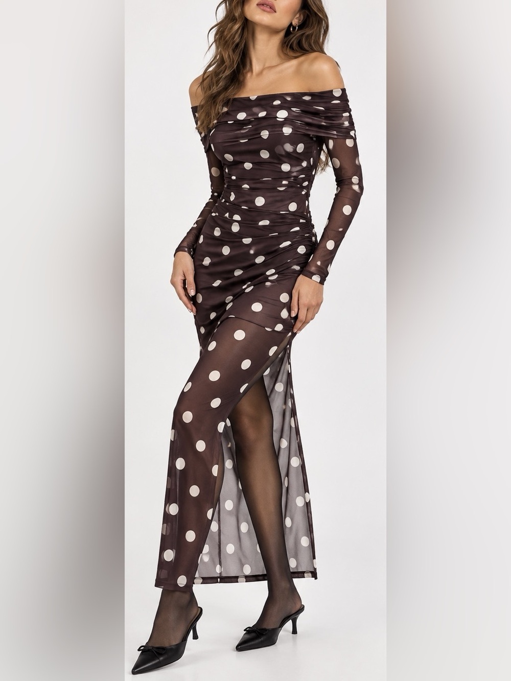 Off Shoulder Polka Dot Mesh Top and Skirt Set